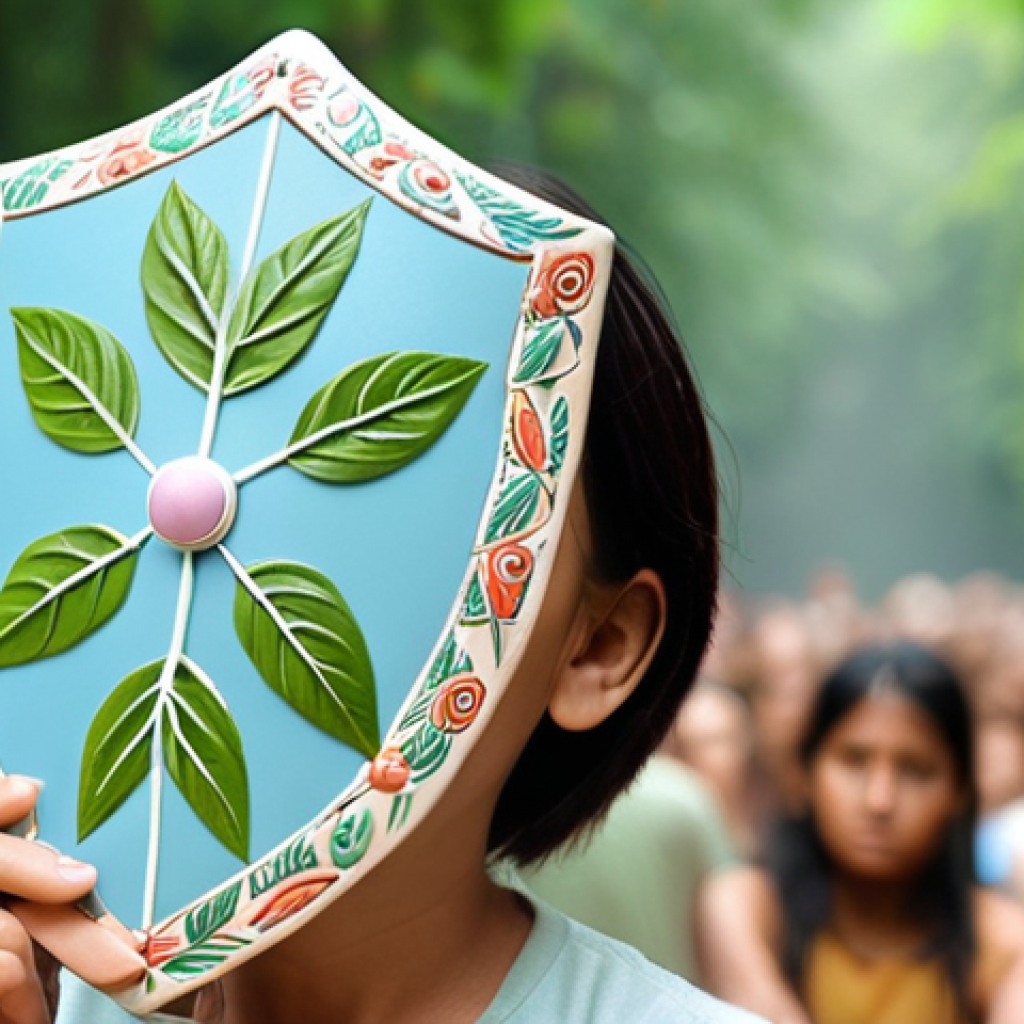 **
A person holding a shield with a calm, serene expression. The shield is decorated with symbols of nature (leaves, water) and light, representing emotional boundaries and self-care. In the background, a blurry scene of people expressing various emotions, subtly implying the ability to filter and protect oneself from emotional overload. Soft, pastel colors dominate the scene.
**
