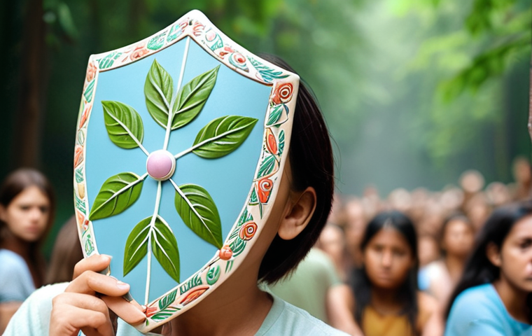 **
A person holding a shield with a calm, serene expression. The shield is decorated with symbols of nature (leaves, water) and light, representing emotional boundaries and self-care. In the background, a blurry scene of people expressing various emotions, subtly implying the ability to filter and protect oneself from emotional overload. Soft, pastel colors dominate the scene.
**