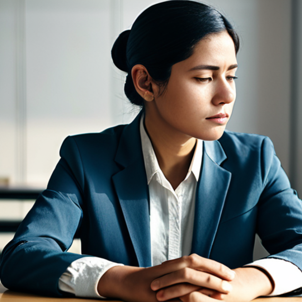 A thoughtful professional individual, fully clothed in a modest business casual outfit, sitting at a desk in a contemporary, softly lit office. The background subtly features abstract, ethereal visual elements that represent the complex, unseen emotional 'shadows' and echoes of past experiences, blending with the environment without being disturbing. The person is in a natural, contemplative pose, perfect anatomy, correct proportions, well-formed hands, proper finger count, natural body proportions. The image captures a sense of introspection and emotional depth. safe for work, appropriate content, fully clothed, professional, modest, family-friendly.