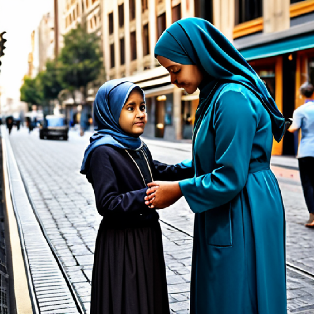 **
"A woman, fully clothed in modest attire, offering a helping hand to someone in need in a bustling city street, symbolizing empathy and compassion. Background: A diverse community, safe for work, appropriate content, perfect anatomy, natural proportions, professional, family-friendly."
**