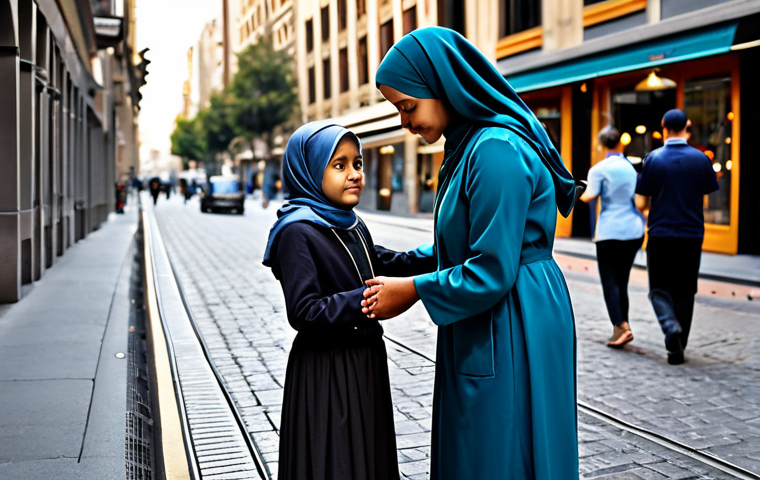 **
"A woman, fully clothed in modest attire, offering a helping hand to someone in need in a bustling city street, symbolizing empathy and compassion. Background: A diverse community, safe for work, appropriate content, perfect anatomy, natural proportions, professional, family-friendly."
**