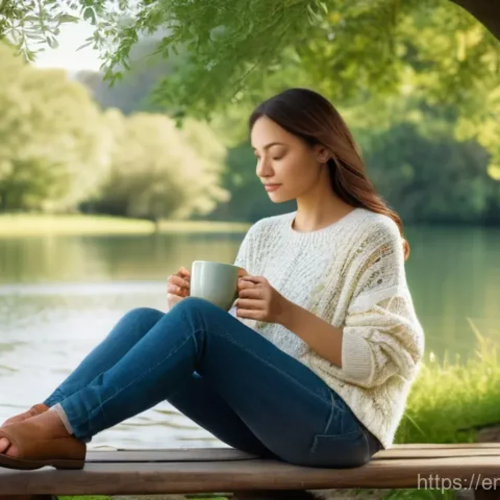 감정전이와 심리적 안정 - A young woman in her mid-20s, wearing a loose-fitting knitted sweater and jeans, sits comfortably on...