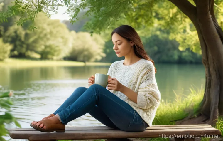감정전이와 심리적 안정 - A young woman in her mid-20s, wearing a loose-fitting knitted sweater and jeans, sits comfortably on...
