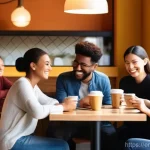 Home 15 감정전이와 감정 인식 - **Emotional Ripple Effect in a Bustling Cafe:**
A vibrant, medium-shot image of a diverse group ...