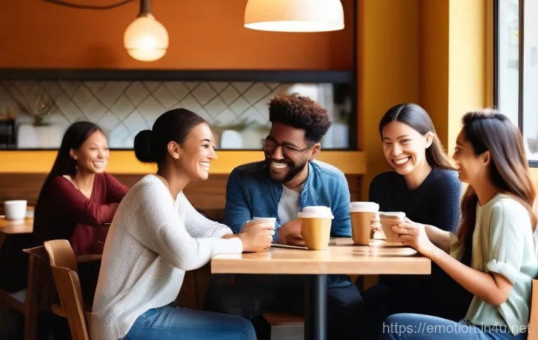 감정전이와 감정 인식 - **Emotional Ripple Effect in a Bustling Cafe:**
A vibrant, medium-shot image of a diverse group ...
