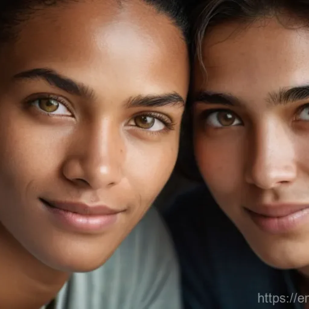 감정전이와 비언어적 소통 - **Prompt:** A close-up, high-definition photograph of two individuals' faces in a warm, intimate set...
