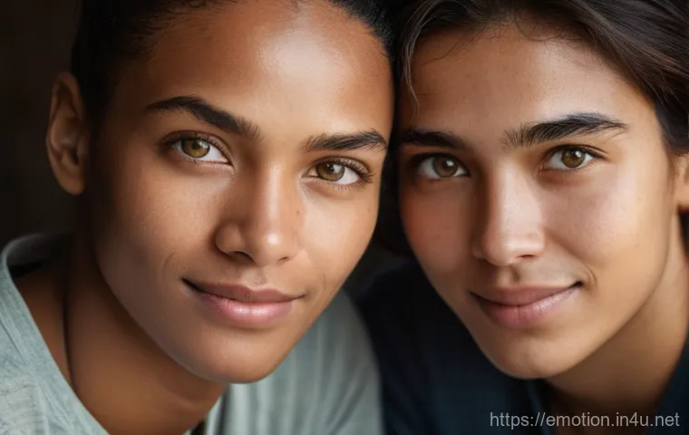 감정전이와 비언어적 소통 - **Prompt:** A close-up, high-definition photograph of two individuals' faces in a warm, intimate set...