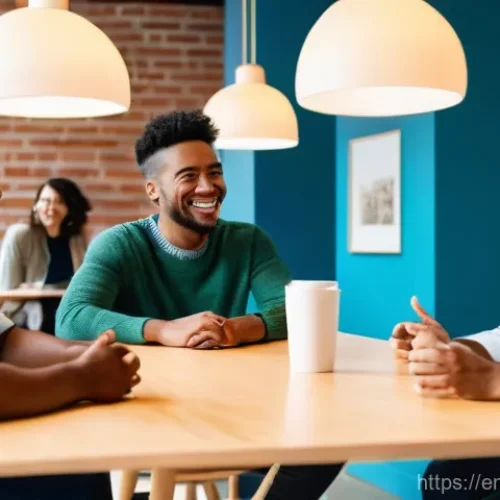 Home 25 감정전이와 소셜 네트워크 - A group of five diverse individuals, casually and modestly dressed, are gathered in a bright, airy c...