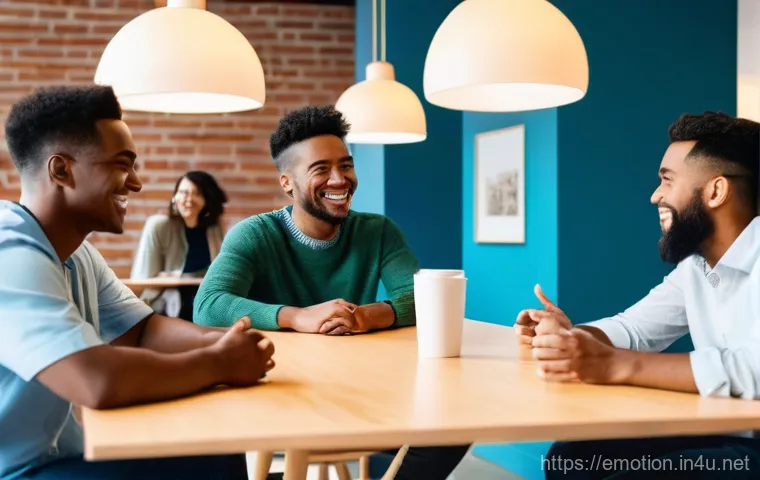 감정전이와 소셜 네트워크 - A group of five diverse individuals, casually and modestly dressed, are gathered in a bright, airy c...