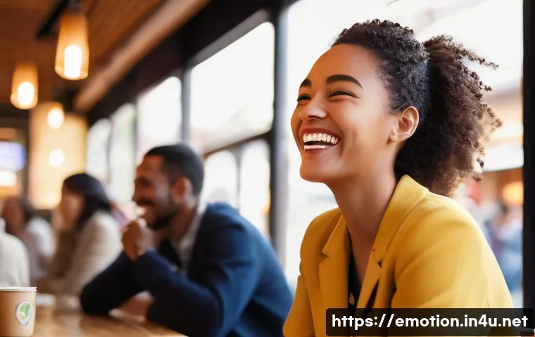 감정전이의 심리적 효과 - **Prompt:** A vibrant, sunlit modern cafe bustling with diverse people. In the foreground, a young a...